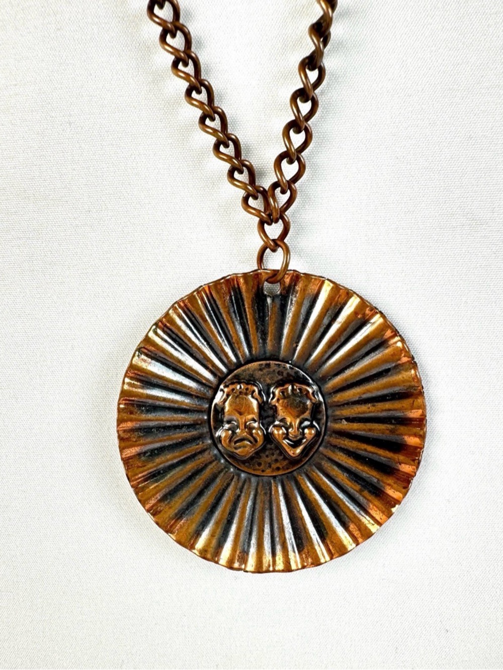 Vintage Copper Comedy Tragedy Mask Necklace Mid Century Theater Pendant
